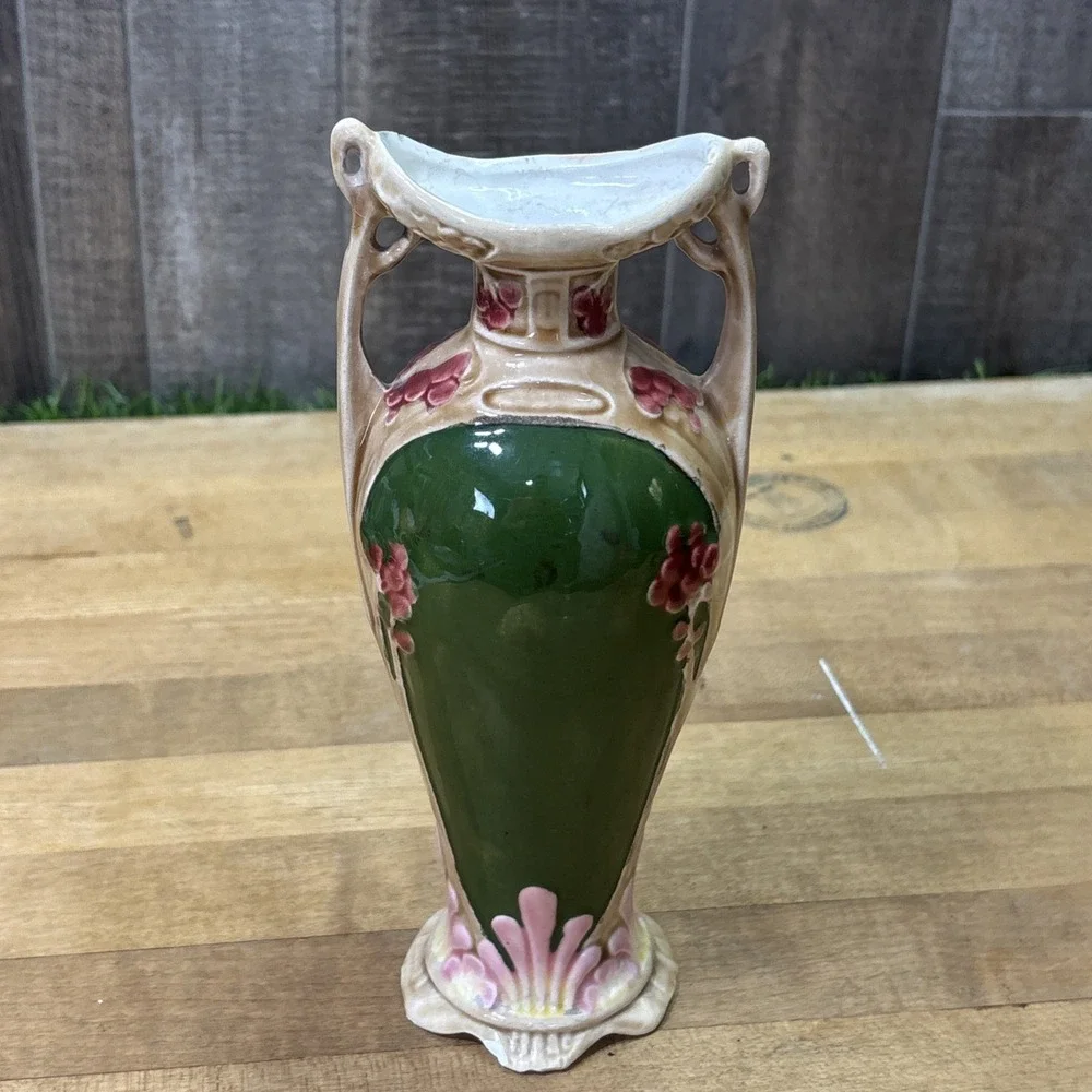 Antique c1900 Art Nouveau Majolica Vase Austrian German Floral Pierced Handle